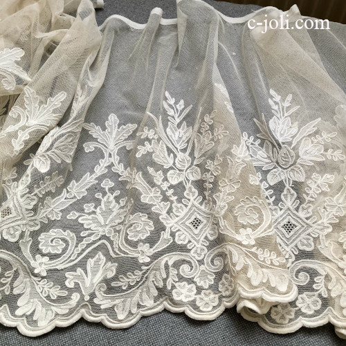 【パリ発送】L2865 フランスアンティーク幅広レースクロス/カフェカーテン　19世紀リネンコーネリー刺繍レース 45x131cm