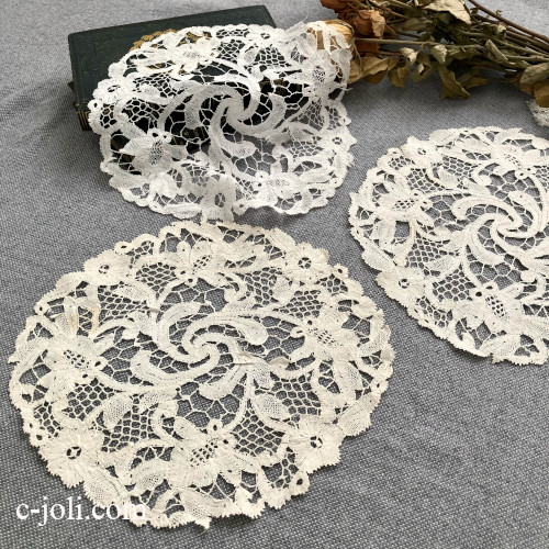 パリ発送】L2870 フランスアンティークレースドイリー3枚 リネンボビン