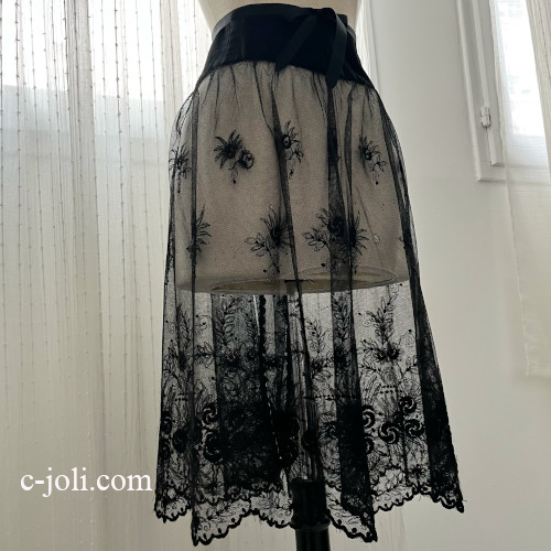 パリ発送】L2888 フランスアンティークレース/レースエプロン 黒レース