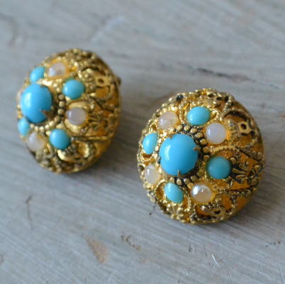 A-126 フランスアンティーク/ヴィンテージイヤリング メタル＆ガラス 