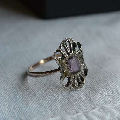 A-142　フランスアンティークジュエリー　ガラス＆シルバーリング