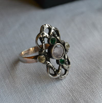 【日本発送】A-143　フランスアンティークジュエリー　ガラス＆シルバーリング