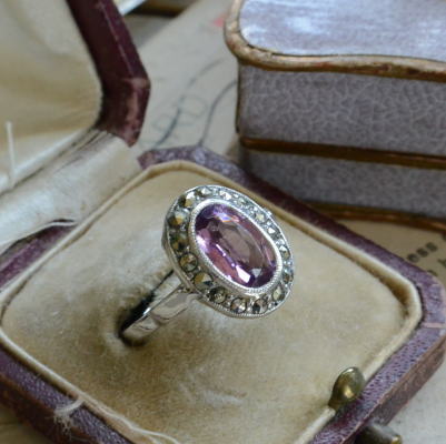 【日本発送】A-236  フランスアンティークジュエリー　マーカサイト＆クリスタル＆シルバーリング