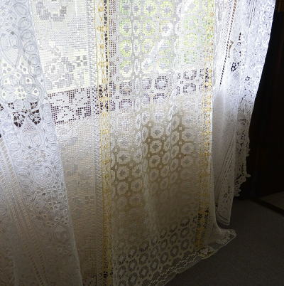 B1339　フランスアンティークレースベッドスプレッド/ベッドカバー　フィレレース＆バテンレースクロス 118x180cm