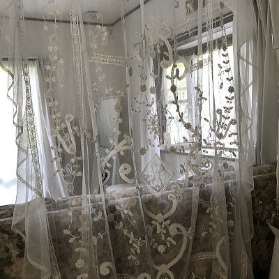 B1522 フランスアンティークチュールレースベッドスプレッド/ベッドカバー　バテンレース＆リネンチュールレース　168x227cm