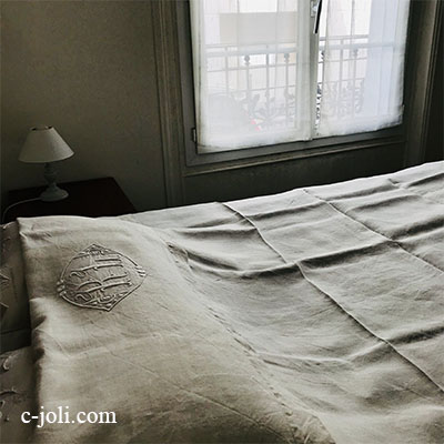 【パリ発送】B1559 フランスアンティークリネンシーツ/ベッドシーツ　手刺繍モノグラムリネンクロス　210x225cm