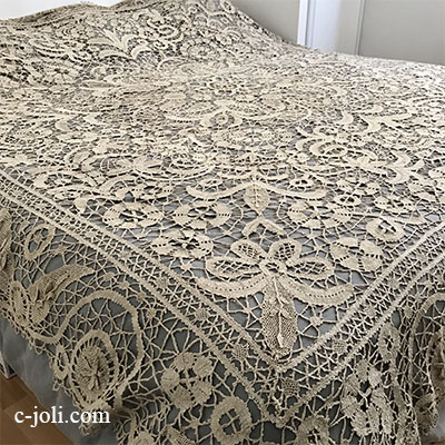 B1570 フランスアンティークレースベッドスプレッド/ベッドカバー  1900年ボビンレース 253x236cm