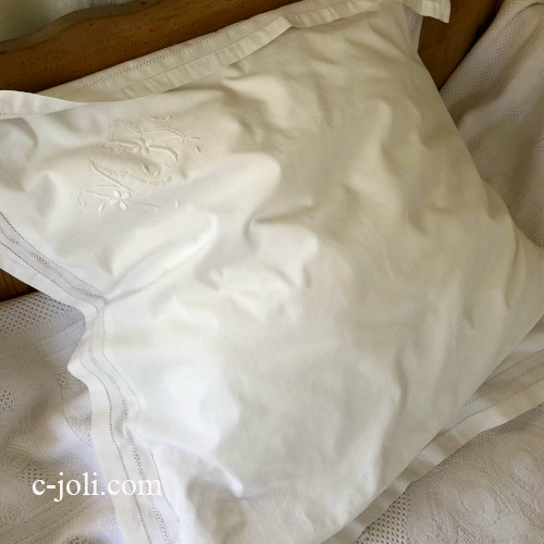 【7月発送】B1618 フランスアンティークコットンピローケース/クッションカバー　手刺繍モノグラムコットン 77x77cm