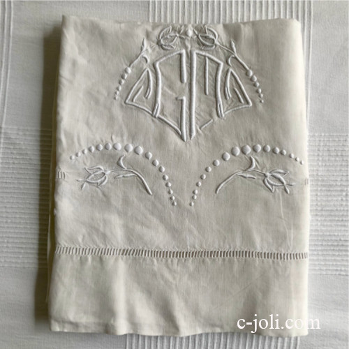 【パリ発送】B1642 フランスアンティークリネンシーツ　手刺繍モノグラム＆リネン 233x305cm