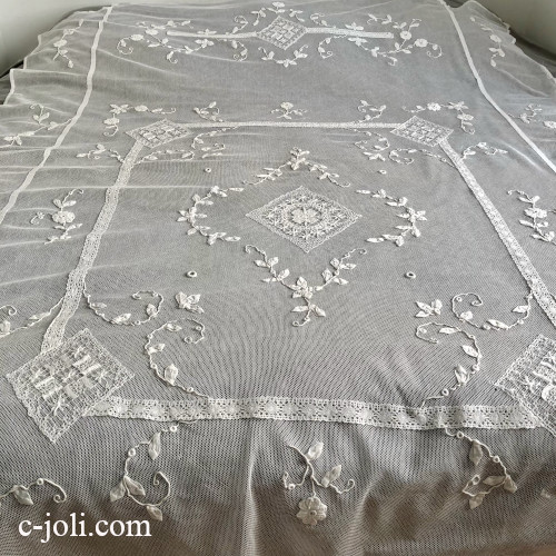 【パリ発送】B1650 フランスアンティークレースベッドスプレッド/ベッドカバー　アプリカシオン＆ボビンレース＆コットンネットレース 163x236cm