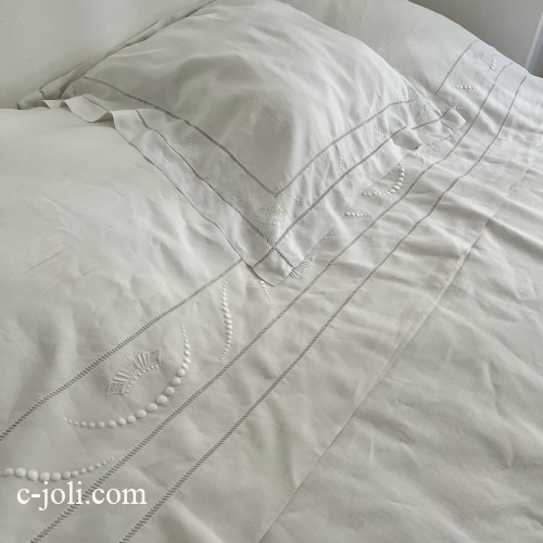 【日本発送】B1668  フランスアンティークリネンシーツ＋ピローケース　手刺繍モノグラム＆リネン 240x320cm/80x71cm