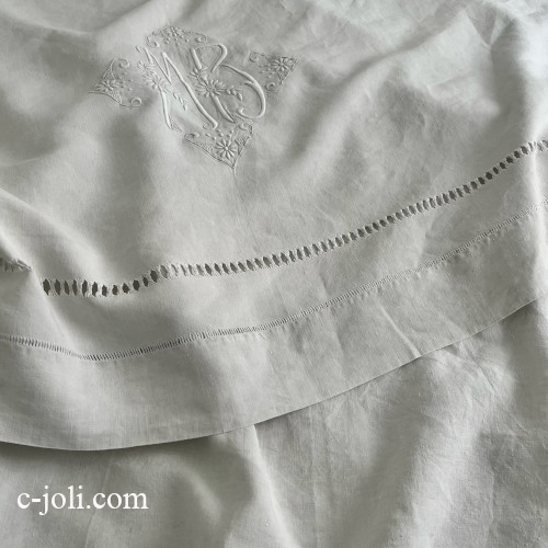 【パリ発送】B1669  フランスアンティークリネンシーツ　手刺繍モノグラム＆リネン 223x324cm