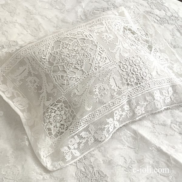 【パリ発送】B1676 フランスアンティークピローケース/ミニクッションケース　リネンフィレレース＆ボビンレース 59x36cm