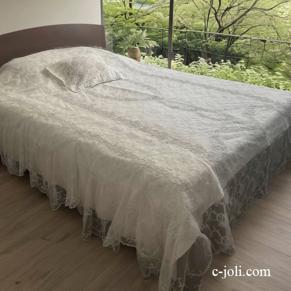 【パリ発送】B1679 フランスアンティークレースベッドスプレッド/ベッドカバー　19世紀チュールレース＆コード刺繍 125x209cm