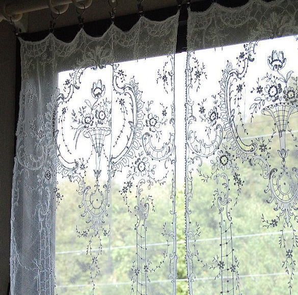 C-271　フランスアンティークレースカーテン　コットンチュールレースカーテン2枚　48x87cm