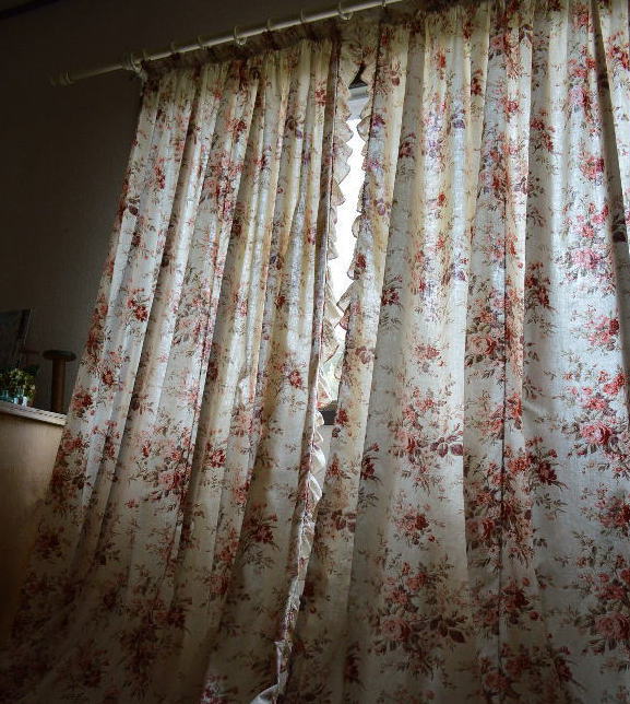 C-396　フランスアンティークコットンカーテン2枚+共布タッセル 3m10