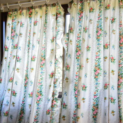 C-621　フランスアンティークカーテン2枚　ローズ柄リネンカーテン 2m42