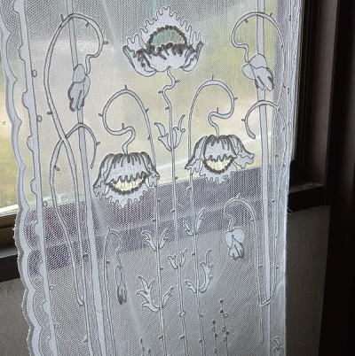 C-741　フランスアンティークレースカーテン　アールヌーボーチュール＆タンバーハンドメイドレースパネル 2m35