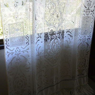 C-768　フランスアンティークレースカーテン1m83　天使柄ハンドワークフィレレース＆カットワーク手刺繍リネンガーゼカーテン