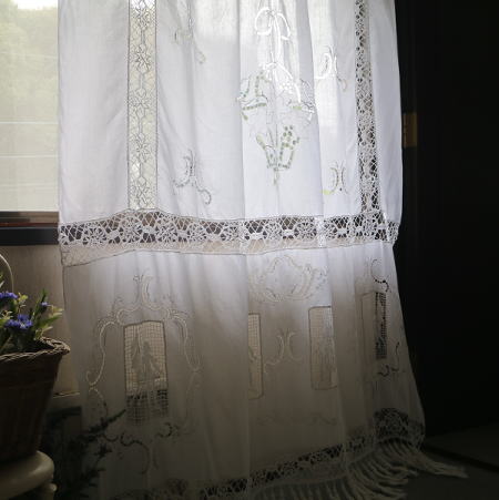 C-920　フランスアンティークレース＆リネンカーテン　カットワーク手刺繍リネン＆レース 2m02