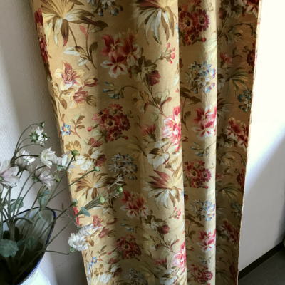 C-928　フランスアンティークリネンカーテン　20世紀初頭花柄プリントカーテン　1m90