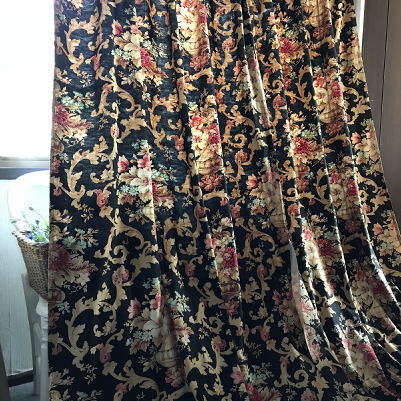 C-931  フランスアンティークコットンカーテン2枚　19世紀花柄プリントカーテン　2m55