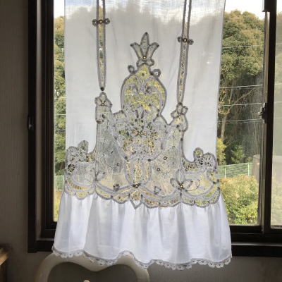 C-934　フランスアンティークレースカーテン　バテンレース＆綿ローン＆ネットレースカーテン 1m08