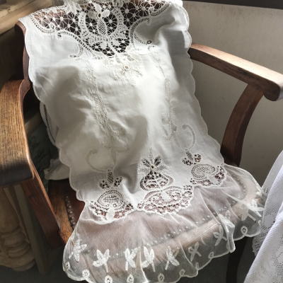 C-979　フランスアンティークレースカーテン　バテンレース＆チュールレースリネンカーテン 80cm