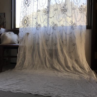 C-984　フランスアンティークローン手刺繍カーテン 2m81　19世紀コーネリー刺繍綿ローンカーテン