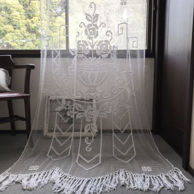 C-989　フランスアンティークレースカーテン　ローズ柄ハンドワークコットンフィレレースカーテン 130x239cm