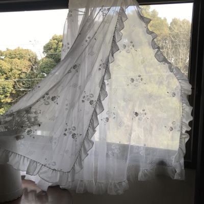 C-992 フランスアンティークレースカーテン ローズ柄マシーン刺繍コットンオーガンジー天蓋カーテン　123cm