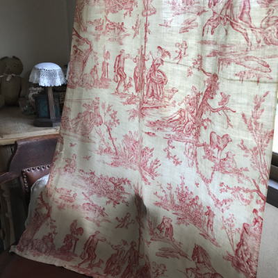 C1001 フランスアンティークToile de Jouy柄プリントカーテン　トワルドジュイコットンカーテン　1m45