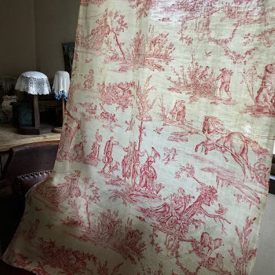 C1002 フランスアンティークToile de Jouy柄プリントカーテン　トワルドジュイコットンカーテン　1m48