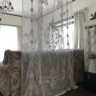 C1009 フランスアンティークレースカーテン　コットンネットレース＆バテンレースロングカーテン 2m28