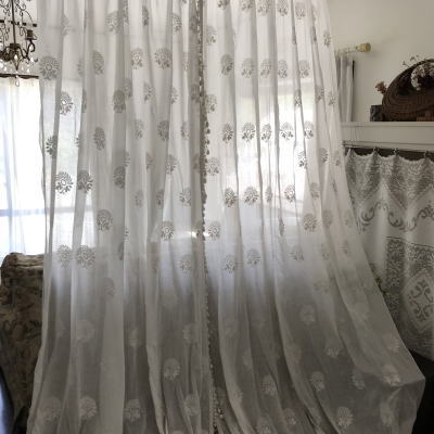 C1011 フランスアンティークコーネリー刺繍カーテン2枚　19世紀フランス綿ローン＆手刺繍ロングカーテンペア 3m13