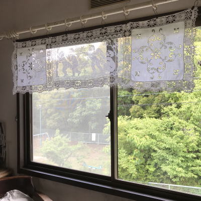 C1013 フランスアンティークリネンカーテン/カフェカーテン　フィレレース＆ボビンレース＆カットワーク手刺繍リネンカーテン 1m38