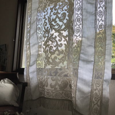 C1014 フランスアンティークレース＆リネンカーテン　リネン＆ハンドワークリネンフィレレースカーテン 102x135cm