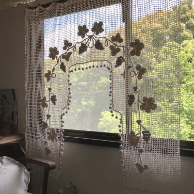 C1015 フランスアンティークレースカーテン/ウィンドーバランス/バランスカーテン　リネンクロシェレースカーテン 122x135cm