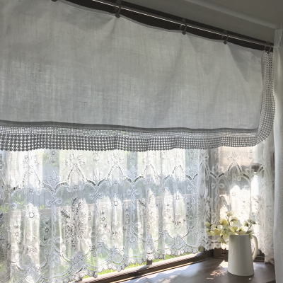 C1026 イギリスアンティークレース＆リネンカフェカーテン　コットンクロシェレース＆リネンカーテン 157x42cm