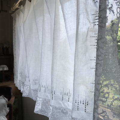 C1030 フランスアンティークレース＆リネンカフェカーテン　ボビンレース＆ドロンワークリネンカーテン 239x106cm
