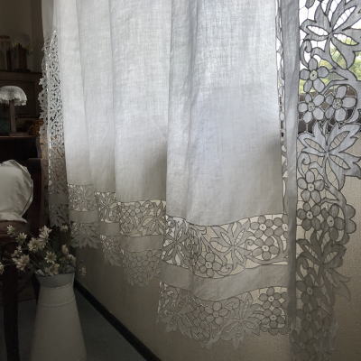 C1032 フランスアンティークリネンカフェカーテン　カットワーク手刺繍リネンカーテン 235x150cm