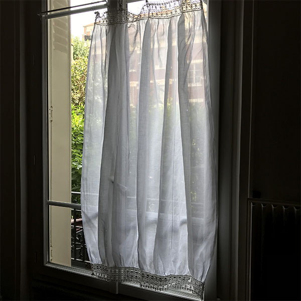 【パリ発送】C1040 フランスアンティークレース＆リネンカーテン　麻ローン＆レースカーテン 1m42