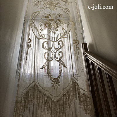 【パリ発送】C1058　フランスアンティークレースカーテン　ハンドワークリネンフィレレースロングカーテン生成り 2m36