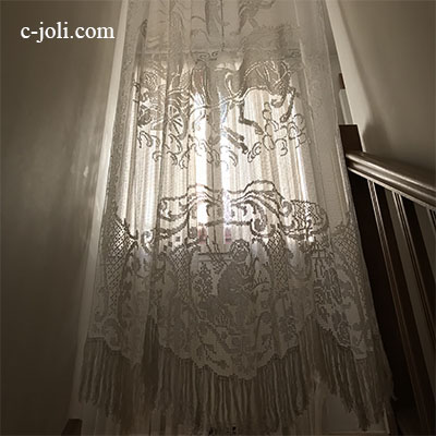 【パリ発送】C1060　フランスアンティークレースカーテン　ハンドワークリネンフィレレースロングカーテン 2m39