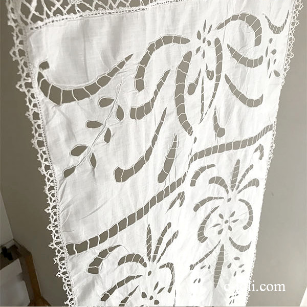 【パリ発送】C1065 フランスアンティークレース＆刺繍カーテン/スモールカーテン　カットワーク手刺繍コットン＆ボビンレース 86cm