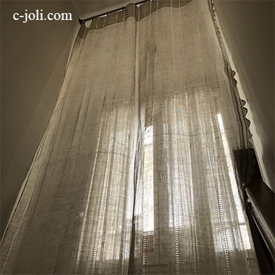 【パリ発送】C1073 フランスアンティークリネンガーゼカーテン　ドロンワークリネンガーゼ＆クロシェレース 2m56