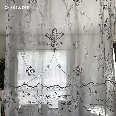 C1078 フランスアンティークコーネリー刺繍カーテン　麻ローン刺繍カーテン 2m40