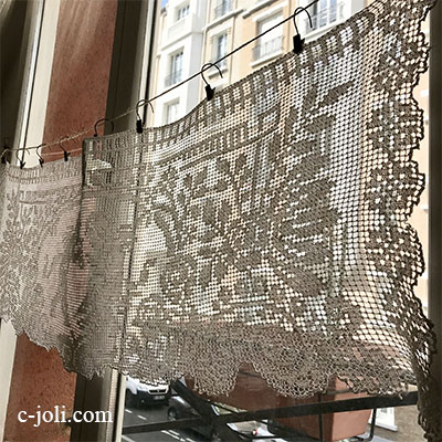 【パリ発送】C1084 フランスアンティークレースカーテン/カフェカーテン　リネンフィレレースカーテン 1m17