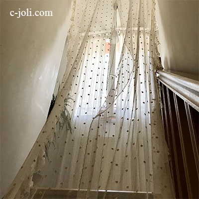 【パリ発送】C1093 フランスアンティークチュールレースカーテン2枚　シルク刺繍＆リネンチュールレース 3m29/3m65