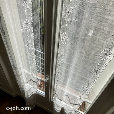 【パリ発送】C1101 フランスアンティークレースカーテン/コーネリーカーテン コーネリー刺繍＆コットンネットレース２枚  50x228cm